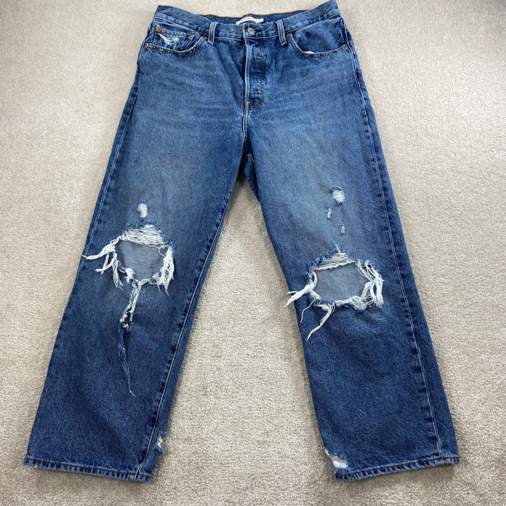 Levis Ribcage Straight Ankle Jeans Women 32 Blue Distressed High Rise Button Fly